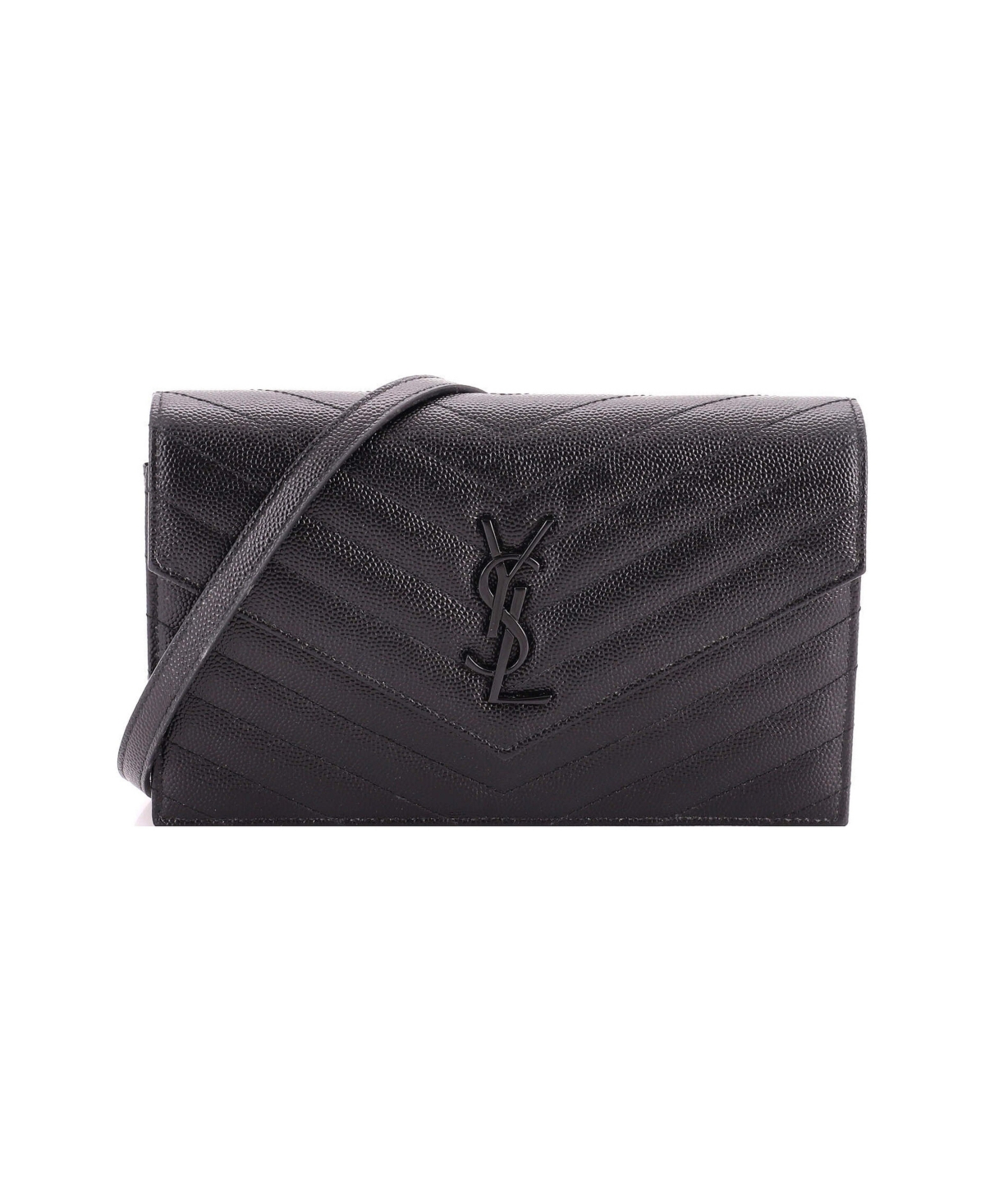 Pre-Owned Saint Laurent Small Classic Monogram Wallet on Chain Matelasse Chevron Leather - Black
