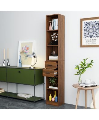 Tall Narrow Bookshelf with 2 Drawers and 5 Shelves