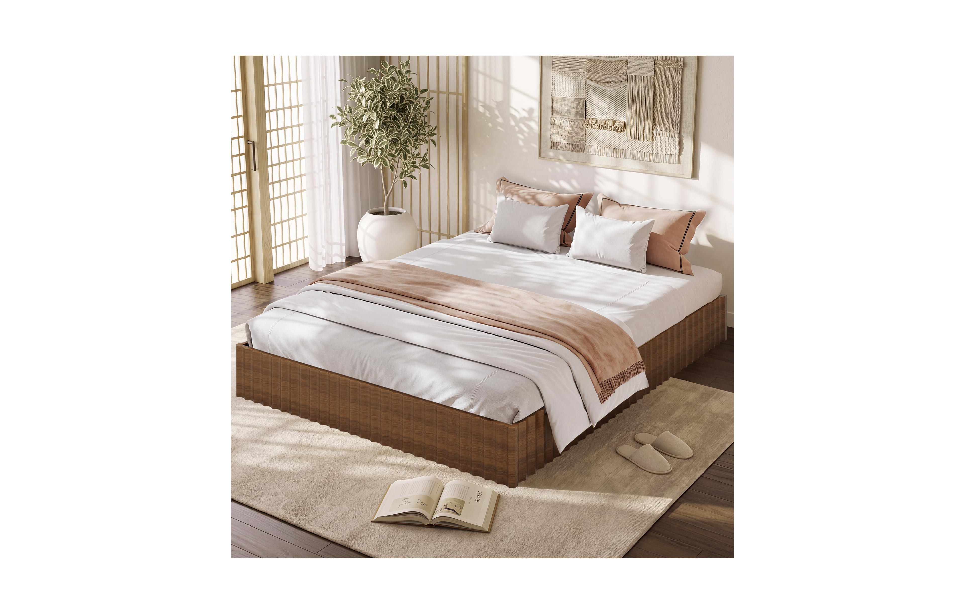 homfan Profile Platform Bed Frame with Wave Side Panels, Wooden Slat Mattress Foundation, No Box Spring Needed