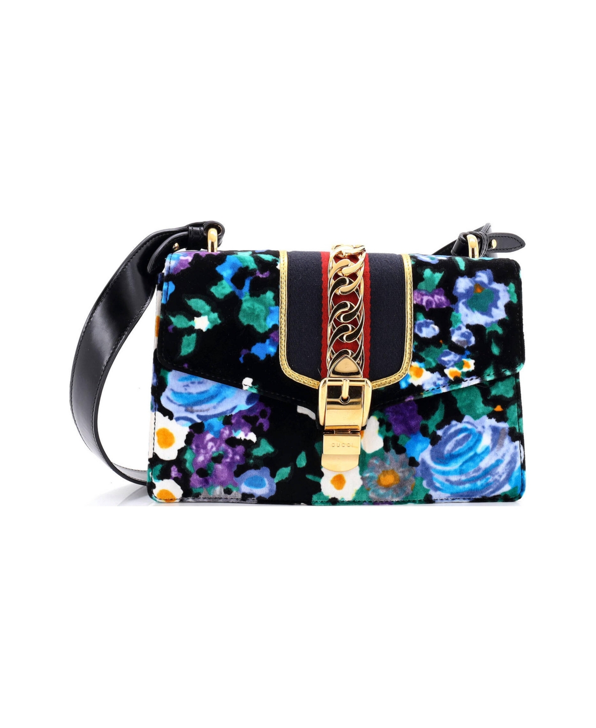 Pre-Owned Gucci Small Sylvie Shoulder Bag Printed Velvet - Black