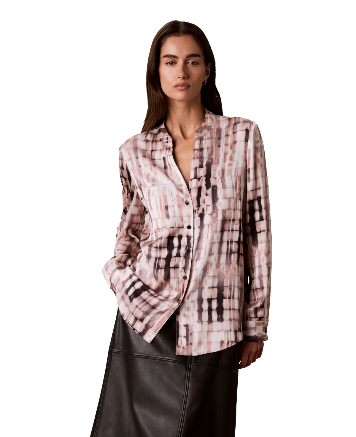 Calvin Klein Women's Long Sleeve Satin Y-Neck Blouse - Soft Tearose Multi