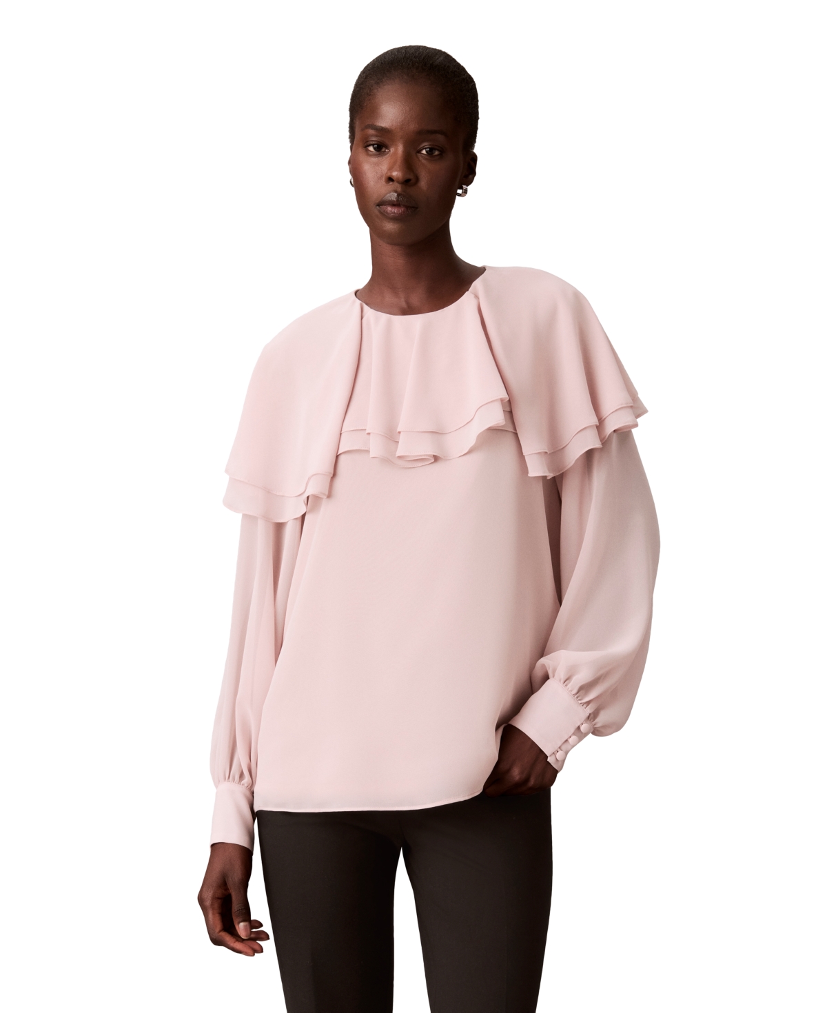 Calvin Klein Women's Long-Sleeve Tiered-Ruffles Chiffon Blouse - Light Tea Rose