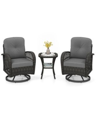 3-Piece Patio Swivel Rocker Set with Tempered Glass Side Table and Thick Cushions