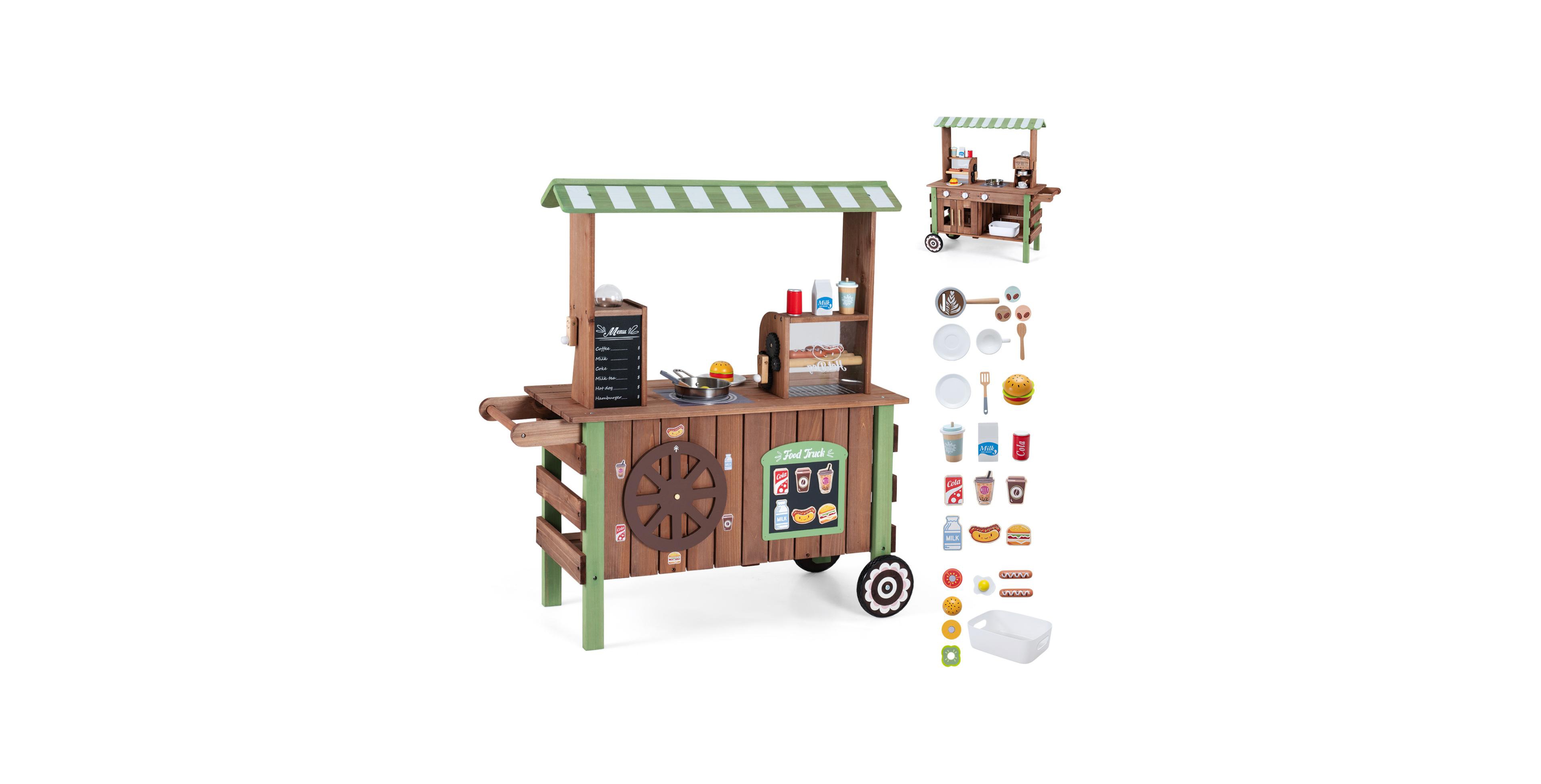 Mecale Kids Wooden Grocery Cart with Hot Dog Grill and Wheels ages 3 years and up