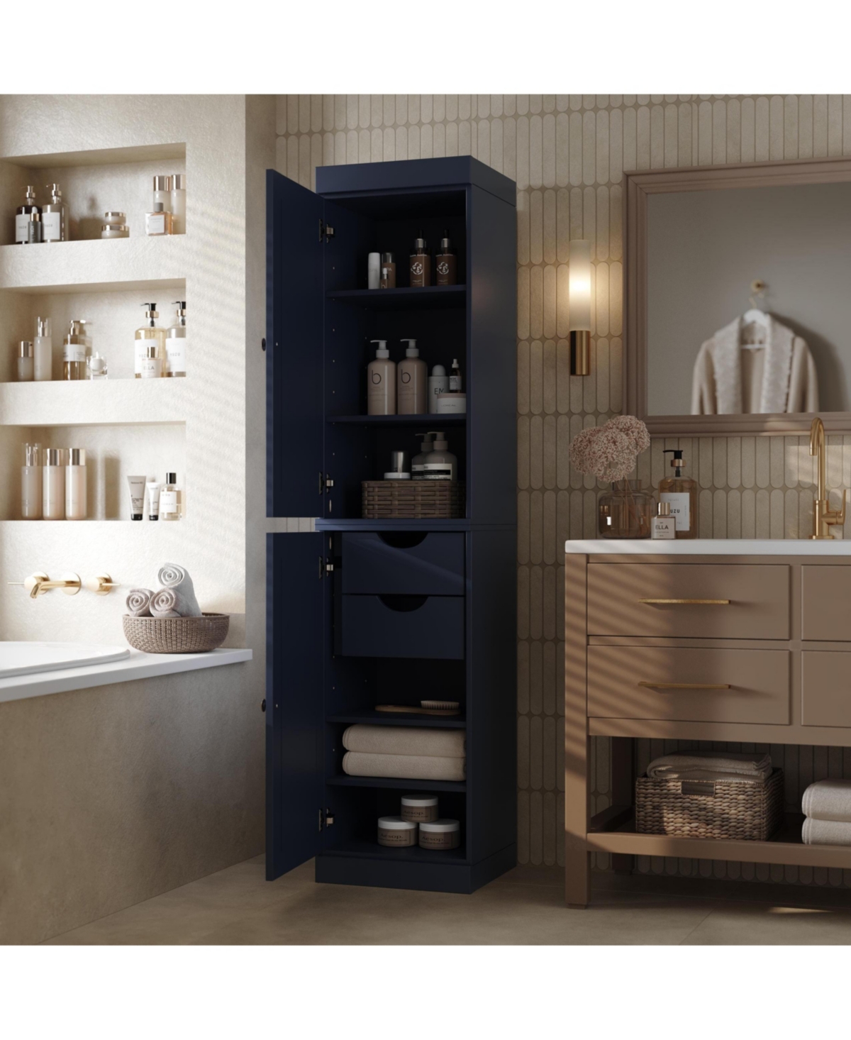 Palace Imports Solid Wood Tall Bathroom Linen Storage Cabinet with Shaker Doors, 2 Drawers, Adjustable Shelves - Navy blue