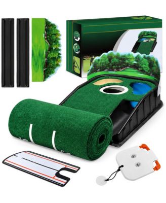 9ft Golf Putting Green Mat Set With Alignment Mirror Stroke Counter Auto Ball Return Home Practice Aid