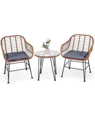 3-Piece Patio Rattan Bistro Set with Glass Table