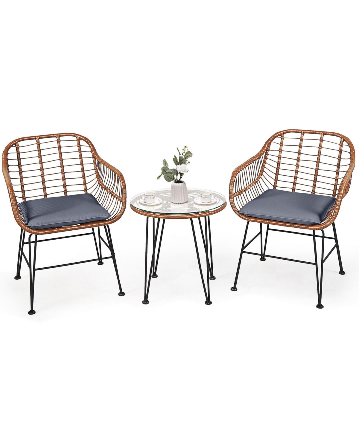 Mecale 3-Piece Patio Rattan Bistro Set with Glass Table - Red