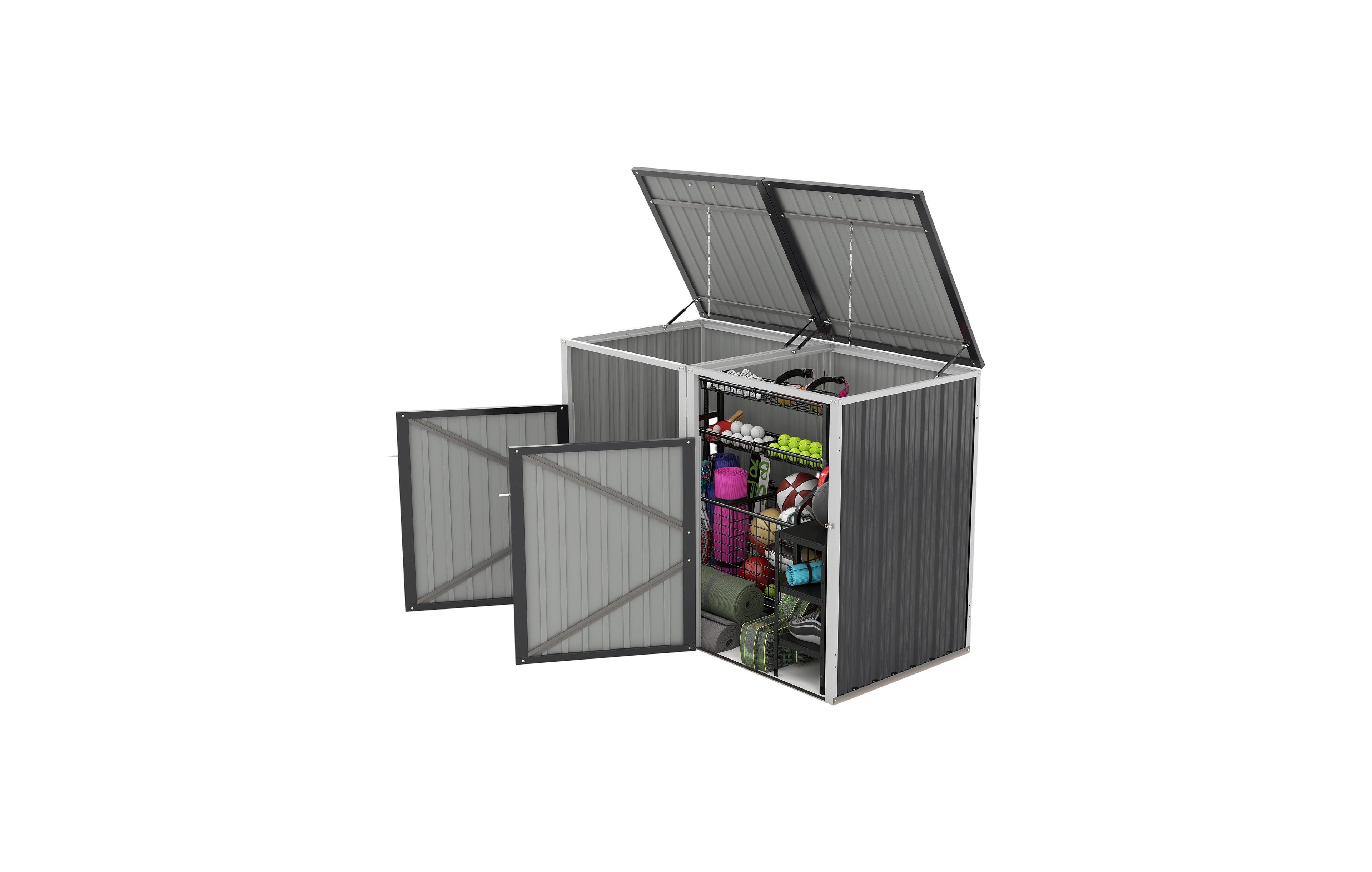 Mondawe 2-Trash Can Outdoor Metal Bin Shed, 54 Cu. Ft. Galvanized Steel Garbage Storage Shed with Pneumatic Lift Lid