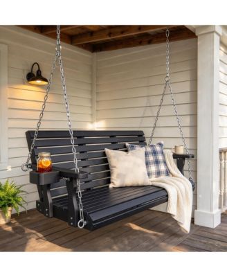 5 Ft 3-Seater Solid Fir Wood Outdoor Porch Swing with Built-in Cup Holders, Heavy-Duty 880 LBS Wooden Hanging Bench