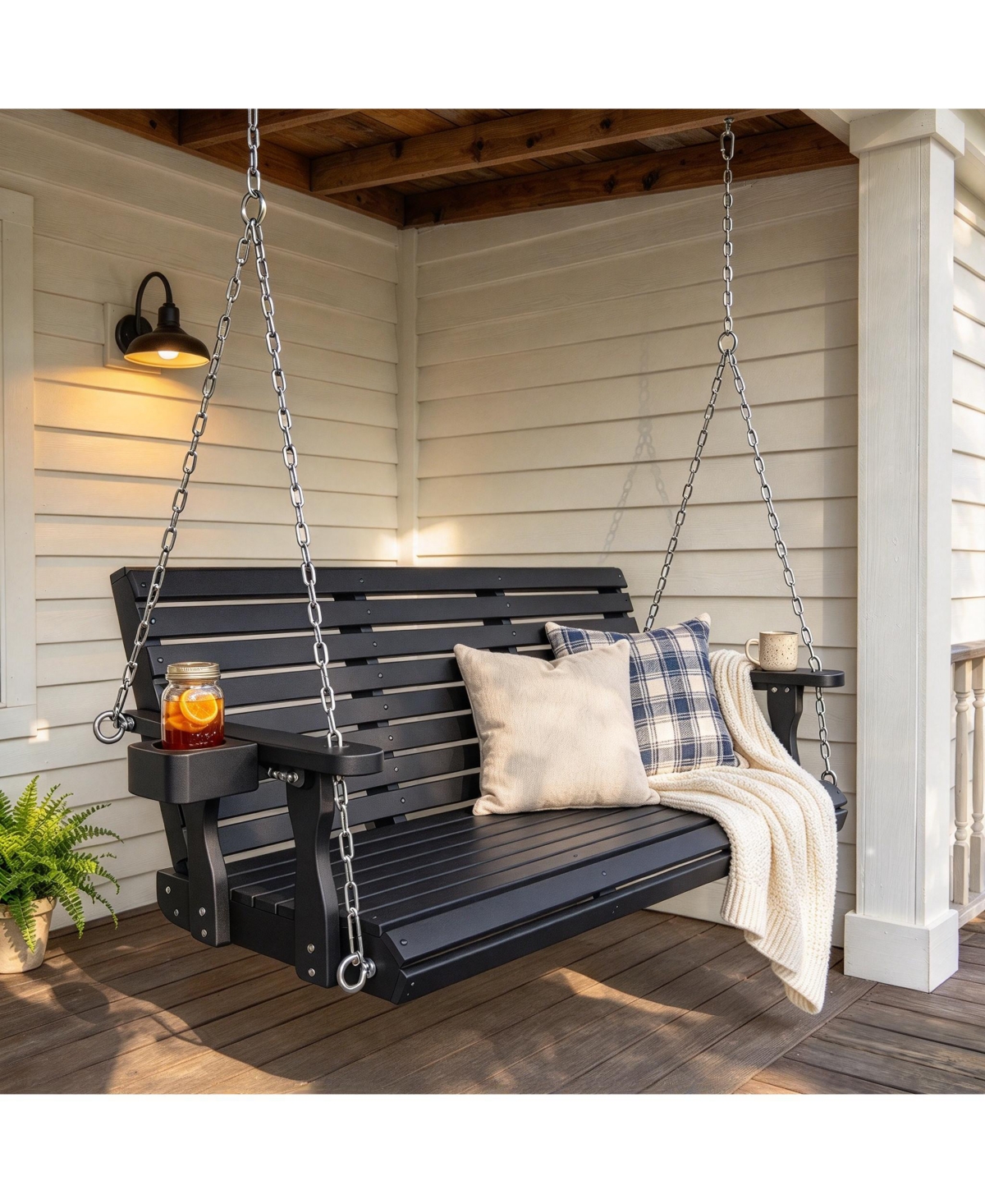 Mega Casa Wooden Porch Swing 3-Seater, High Backrest and Deep Seat, Bench Swing with Cupholders, for Outdoor Patio Garden (Cedar Tone, 5 Ft Extra Larg