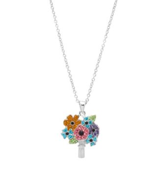 Silver-Tone Crystal Multicolor Flower Bouquet Pendant Necklace