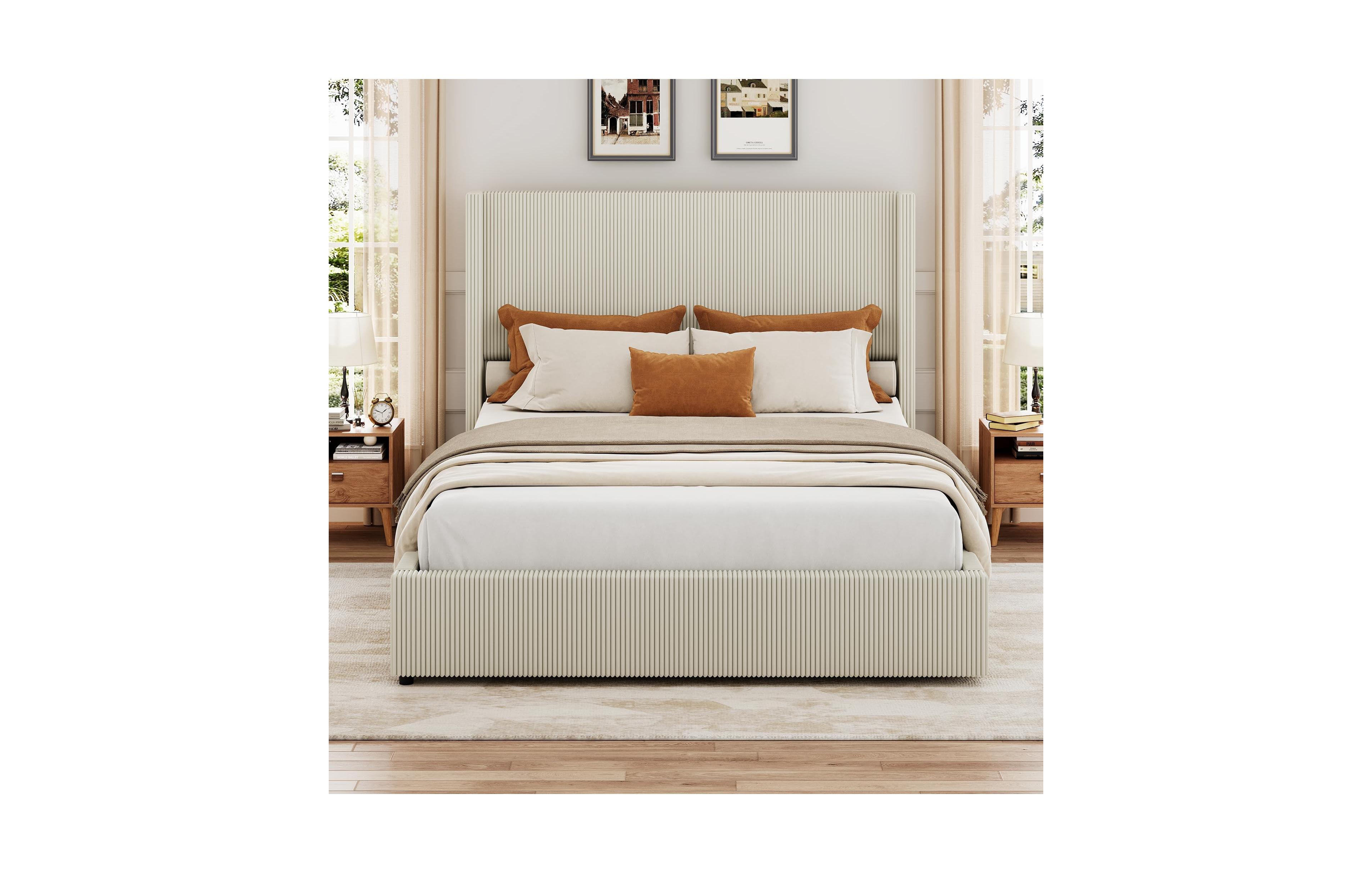 homfan Corduroy Upholstered Platform Bed Frame with 4 Storage Drawers, Wingback Tufted Headboard, No Box Spring Needed
