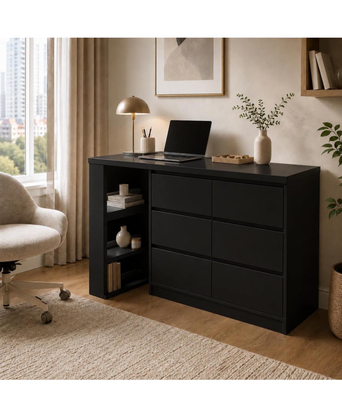 homfan Rotating L-Shaped Vanity Desk with 6 Drawers and Open Shelves, Corner Makeup Dressing Table, Multi-Purpose Workstation for Bedroom - Black