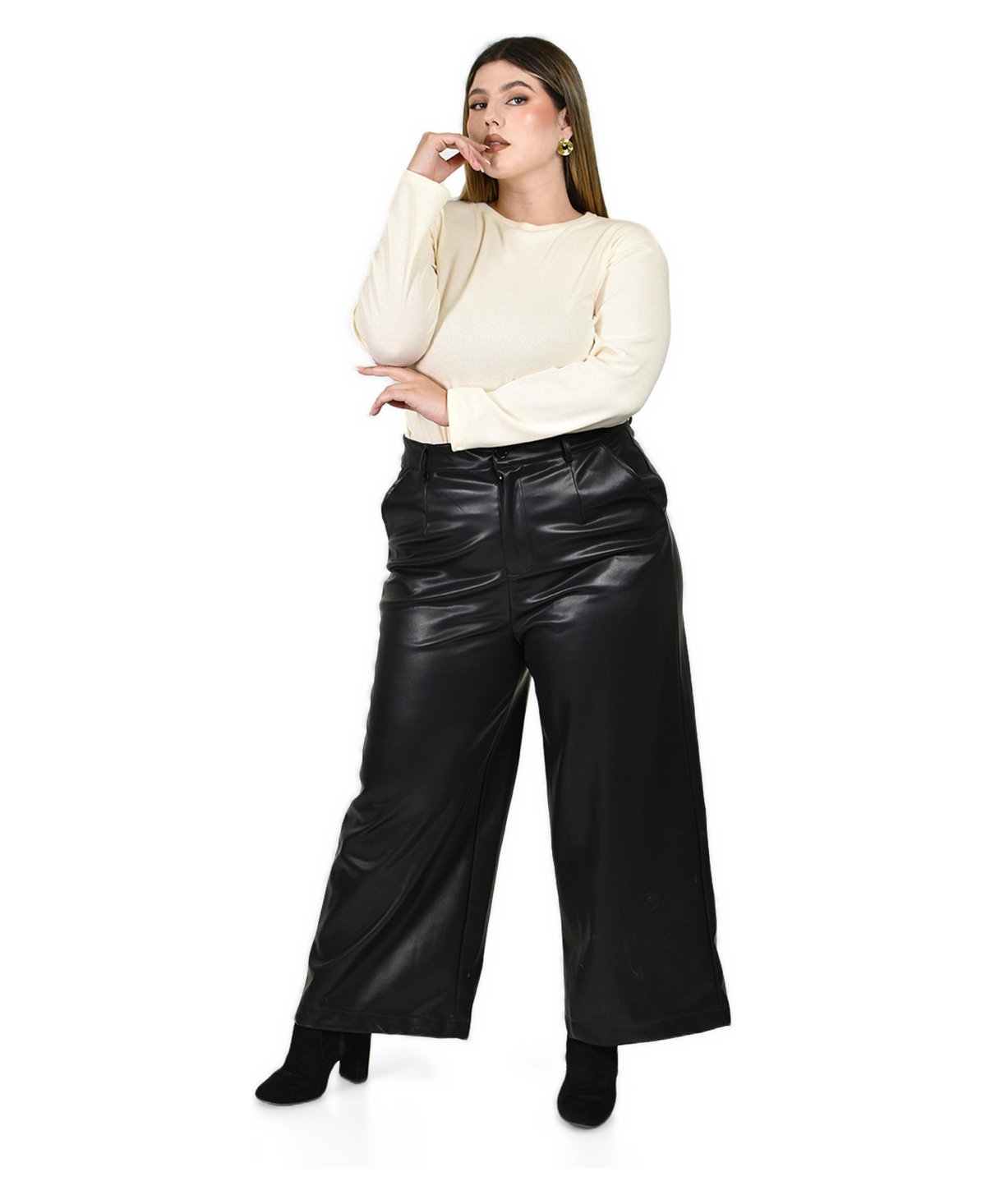 Roman Fashion Women's vinyl wide leg trousers in - Black