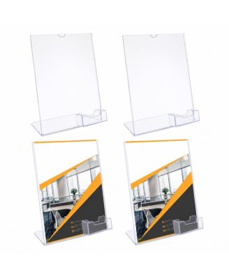 4 Pack Acrylic Slanted Sign Holder With Business Card Pocket Desktop Display Stand