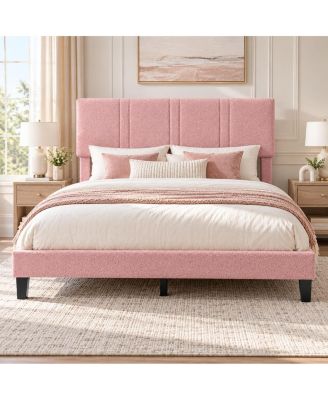 Queen Size Boucle Bed Frame with Upholstered Headboard, Vertical Striped with LED Light