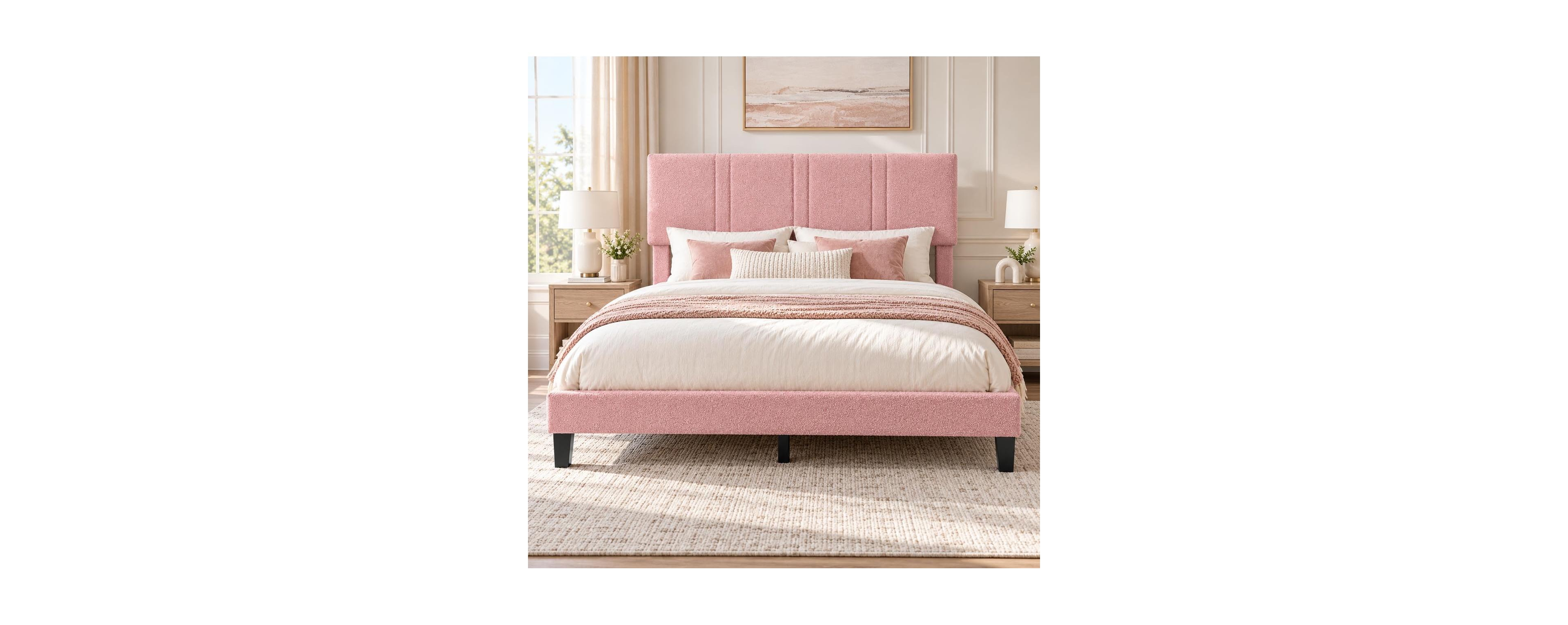 homfan Queen Size Boucle Bed Frame with Upholstered Headboard, Vertical Striped with Led Light