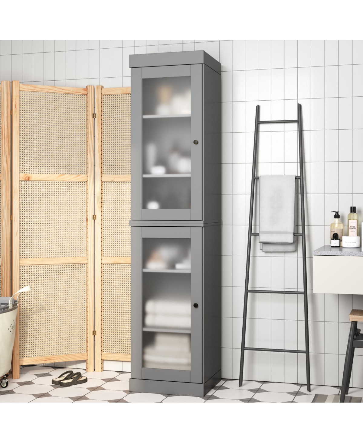 Palace Imports 100% Solid Wood Tall Bathroom Linen Cabinet, 16.5"W x 71.5"H, Modular Design, Frosted Glass Doors and Adjustable Shelves - Gray