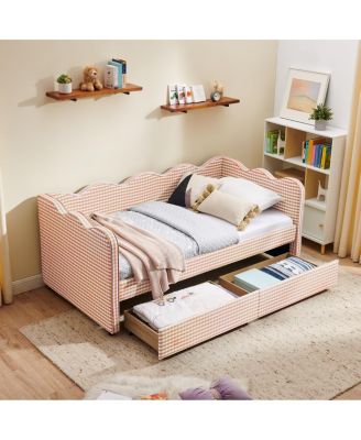 Twin Daybed with 2 Storage Drawers, USB Port, and Wave Headboard