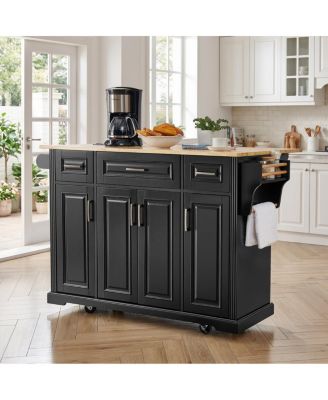 47.2" Kitchen Island with 3 Drawers, Drop Leaf, Rubberwood Top