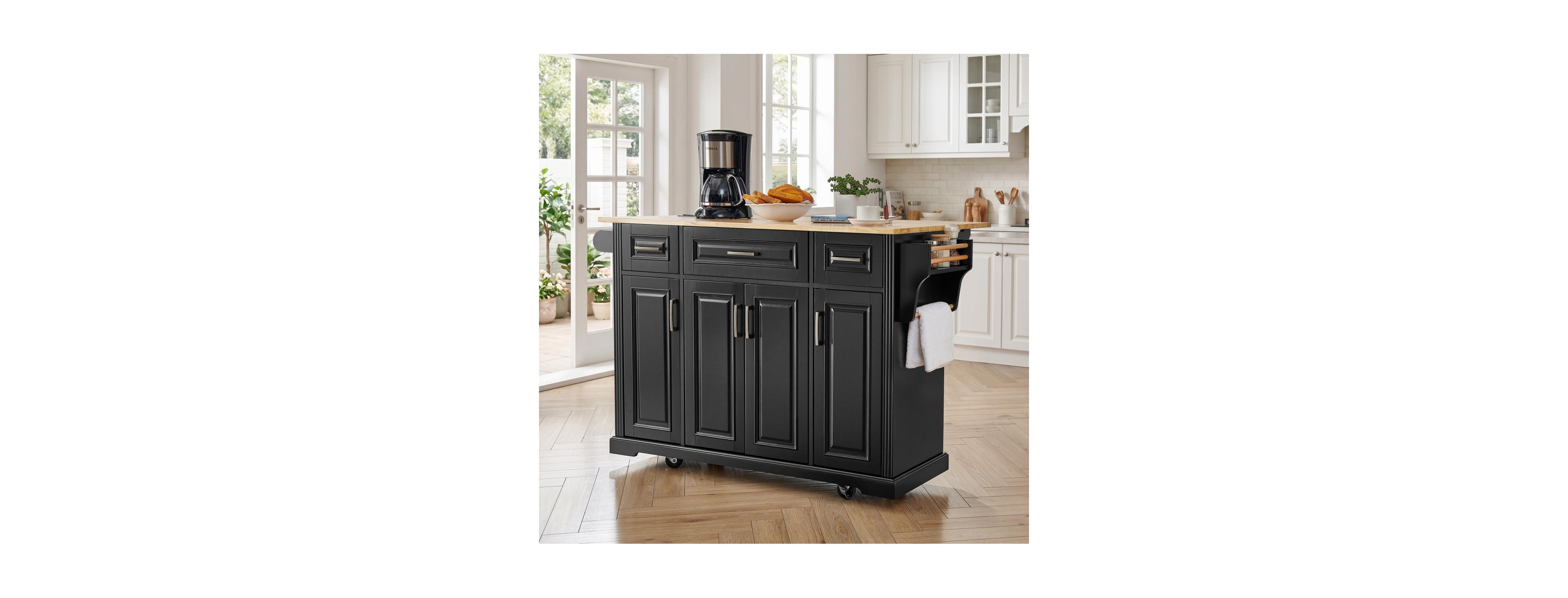 Streamdale Furniture 47.2" Kitchen Island with 3 Drawers, Drop Leaf, Rubberwood Top