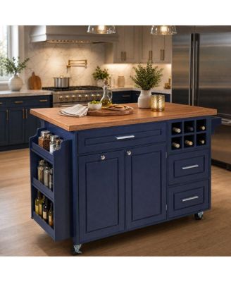 51.5" Rolling Kitchen Island Cart with Drop-Leaf and Rubber Wood Top