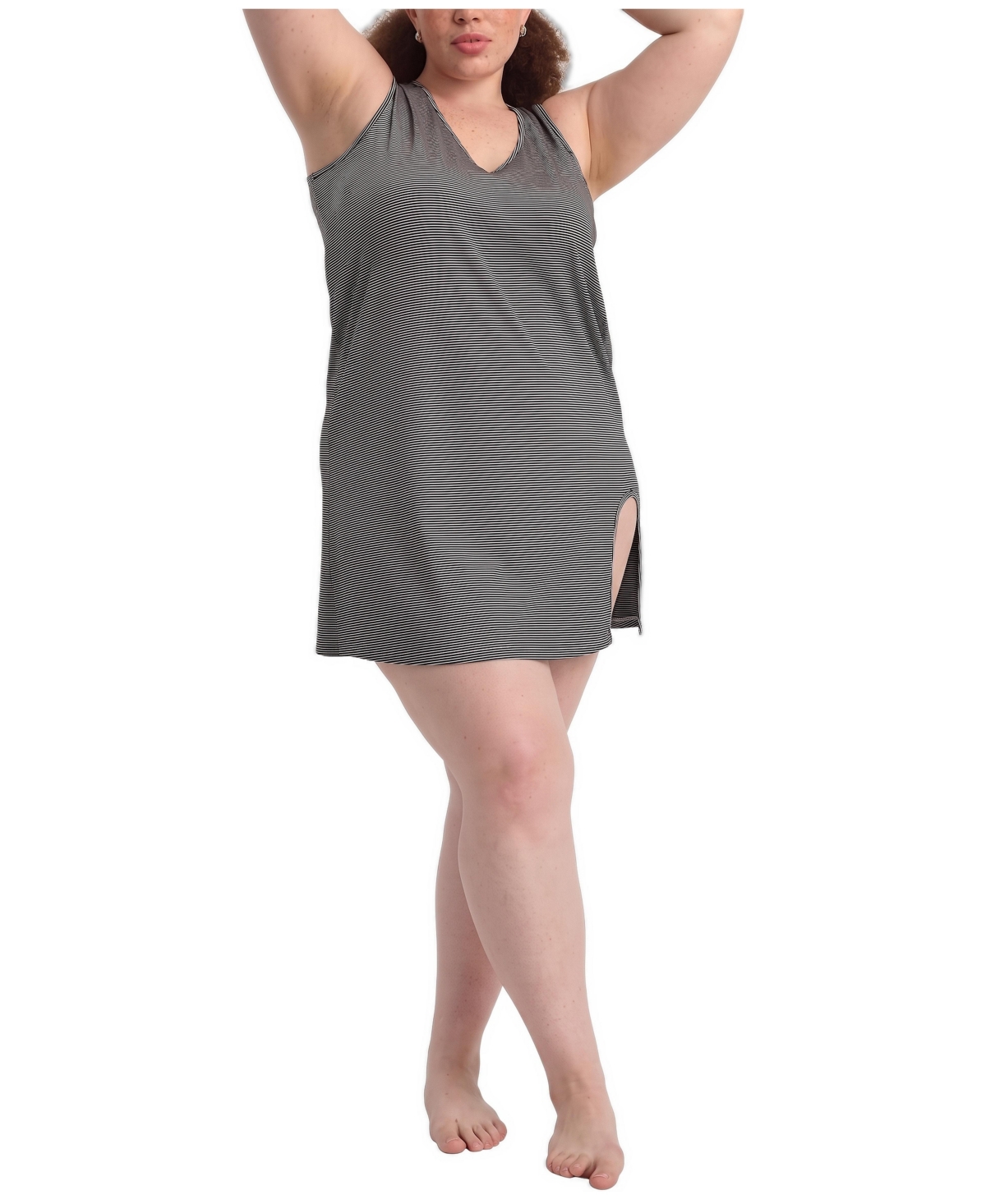 Universal Standard Plus Size Meko V-Neck Sleeveless Leg Cutout Nightgown - Fine stripe in navy/white