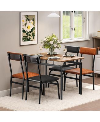5-Piece Dining Table Set for 4 Wood Grain Top PU Chairs Metal Frame Space-Saving for Small Apartments Breakfast Nook