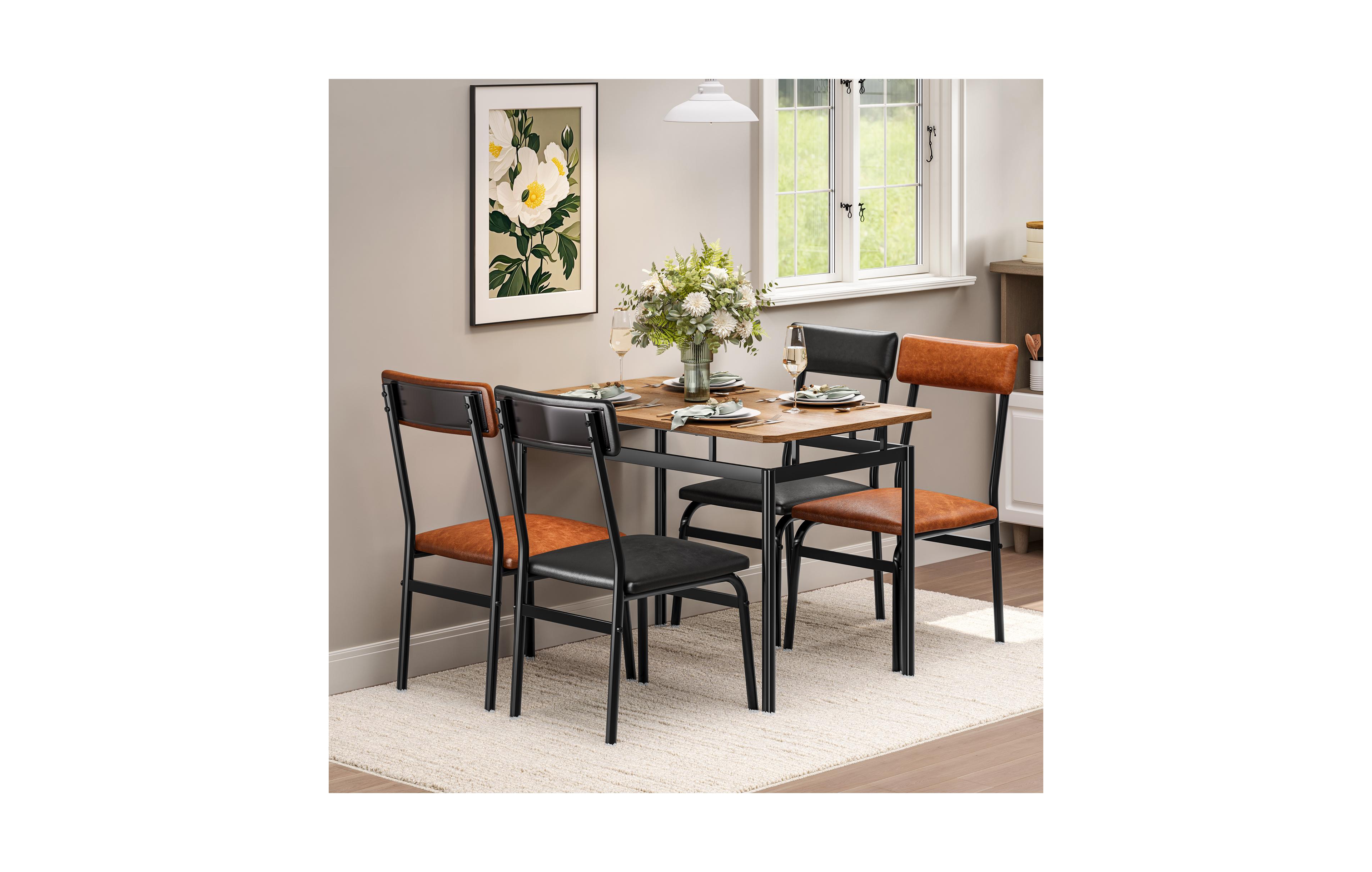homfan 5-Piece Dining Table Set for 4 Wood Grain Top Pu Chairs Metal Frame Space-Saving for Small Apartments Breakfast Nook