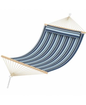12' Outdoor Quilted Hammock for Two, Stripe, Wood Bars, Pillow