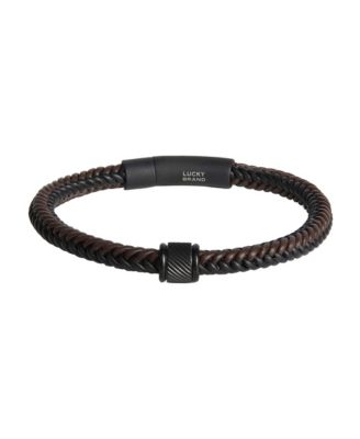Men's Braided Leather Black-Plated Stainless Steel Bracelet