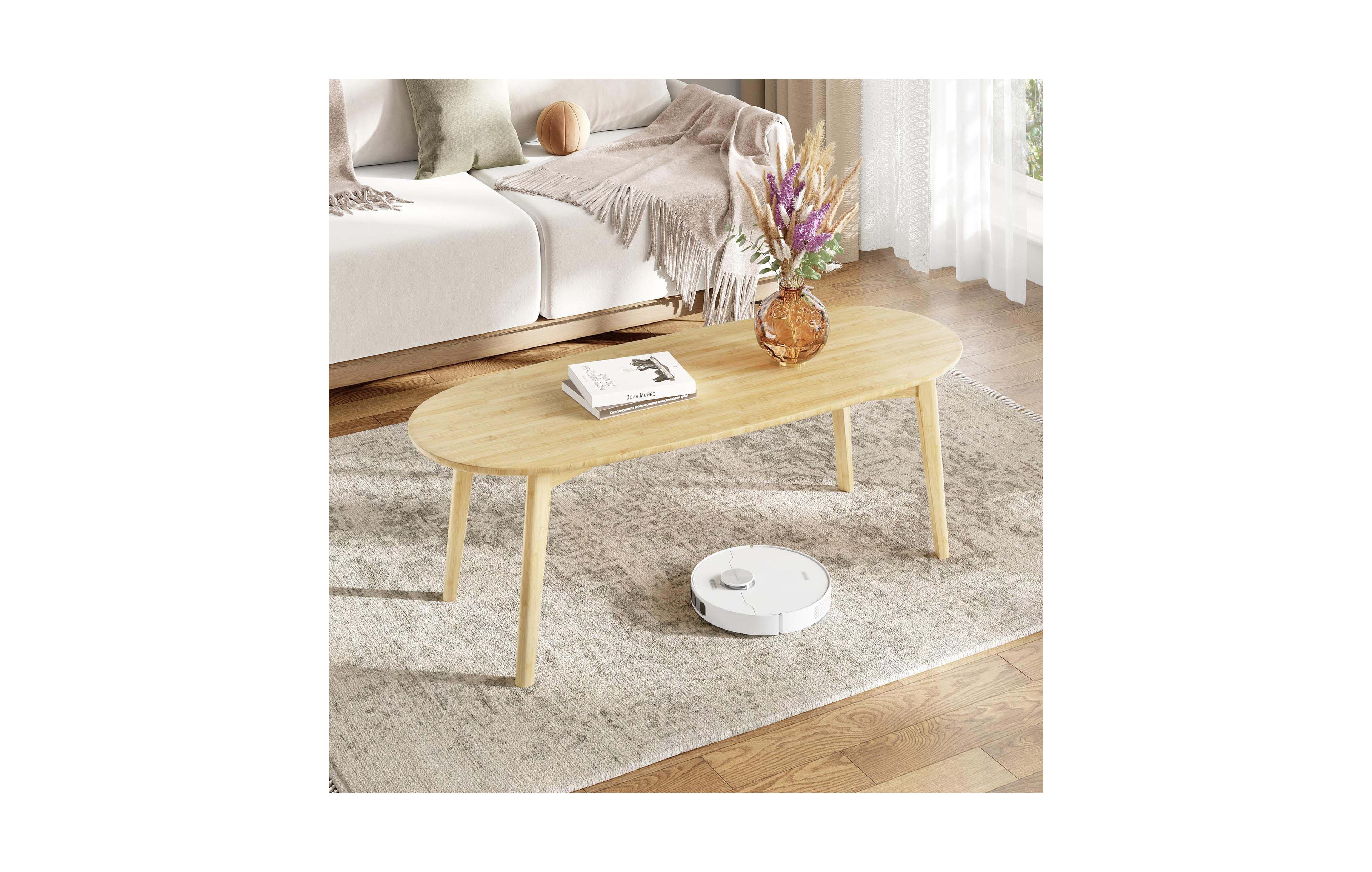 Oval Coffee Table Low Floor Solid Wood Legs Small Side End Table Rounded Edges Water-Resistant Surface Tool-Free Compact for Living Room Balcony