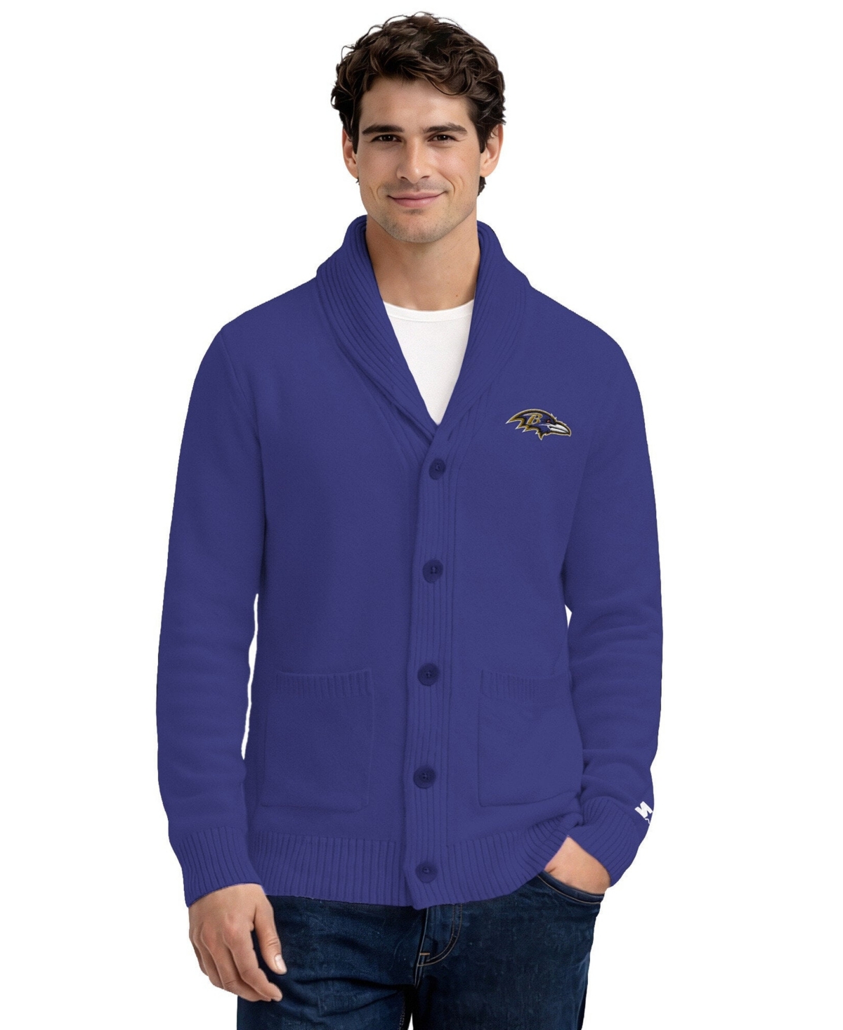 Starter Men's Purple Baltimore Ravens Shawl Collar Heavy Knit Cardigan Sweater - Purple, Cream