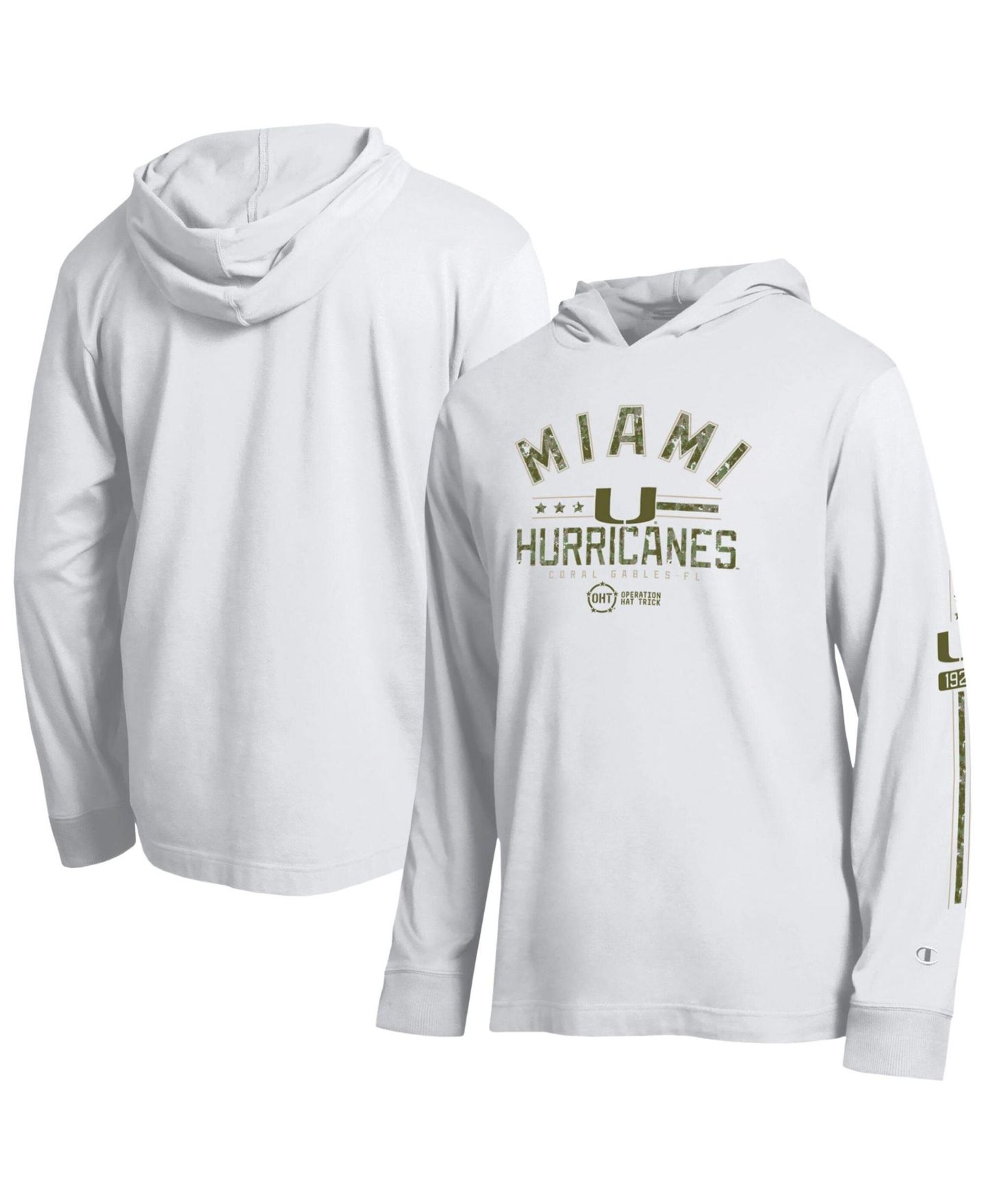 Мужская футболка Champion White Miami Hurricanes Operation Hat Trick Sleeve Line Hooded Long-Sleeve — фото 1