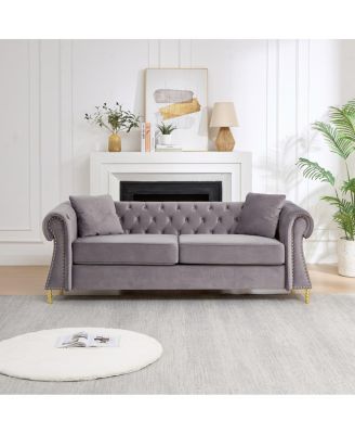 80-inch Velvet Chesterfield Sofa with Button-Tufted Back and Metal Legs