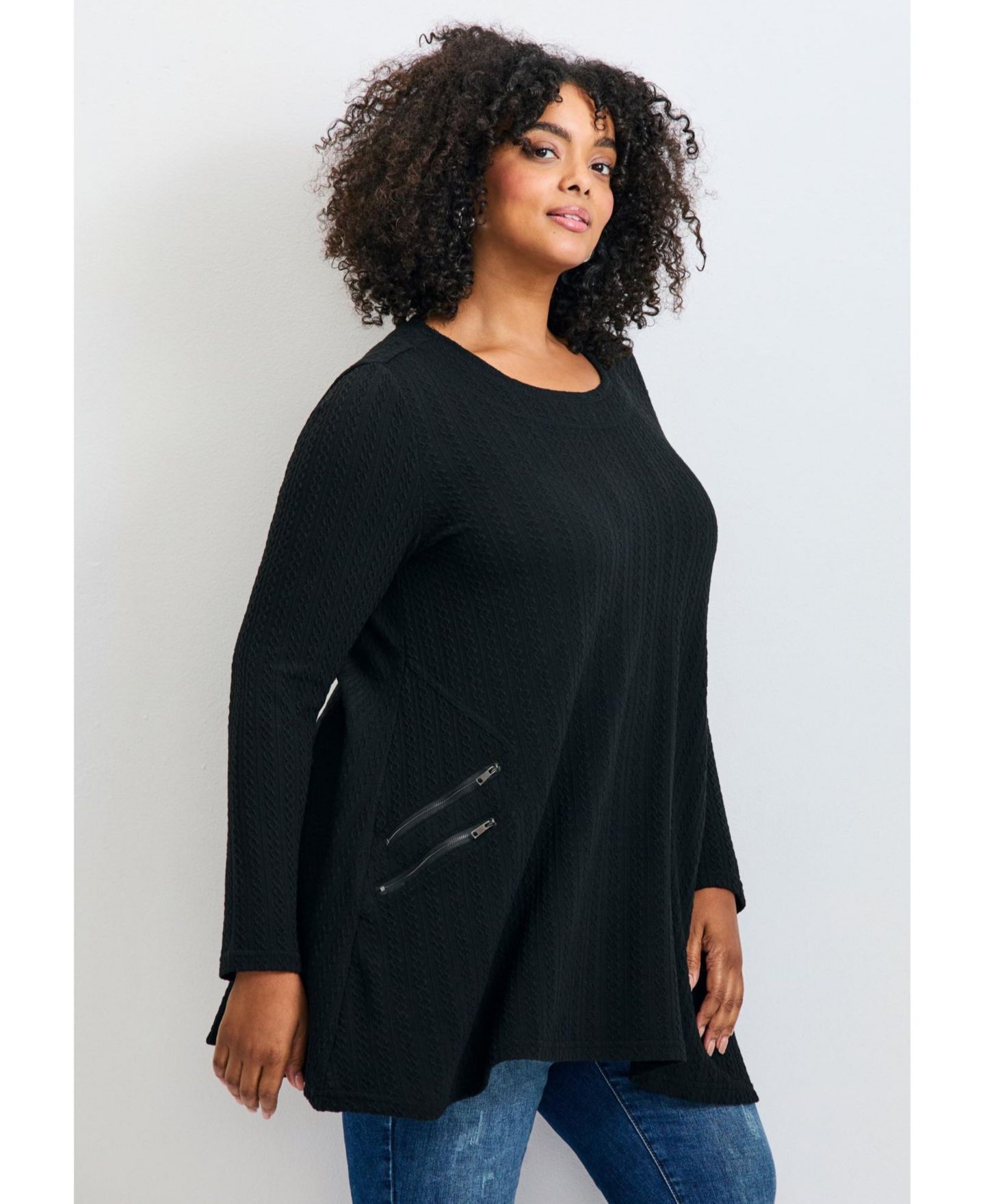 Женский топ Avenue Plus Size Alina Hacci Zip Detail Tunic, цвет: Чёрный — фото 4