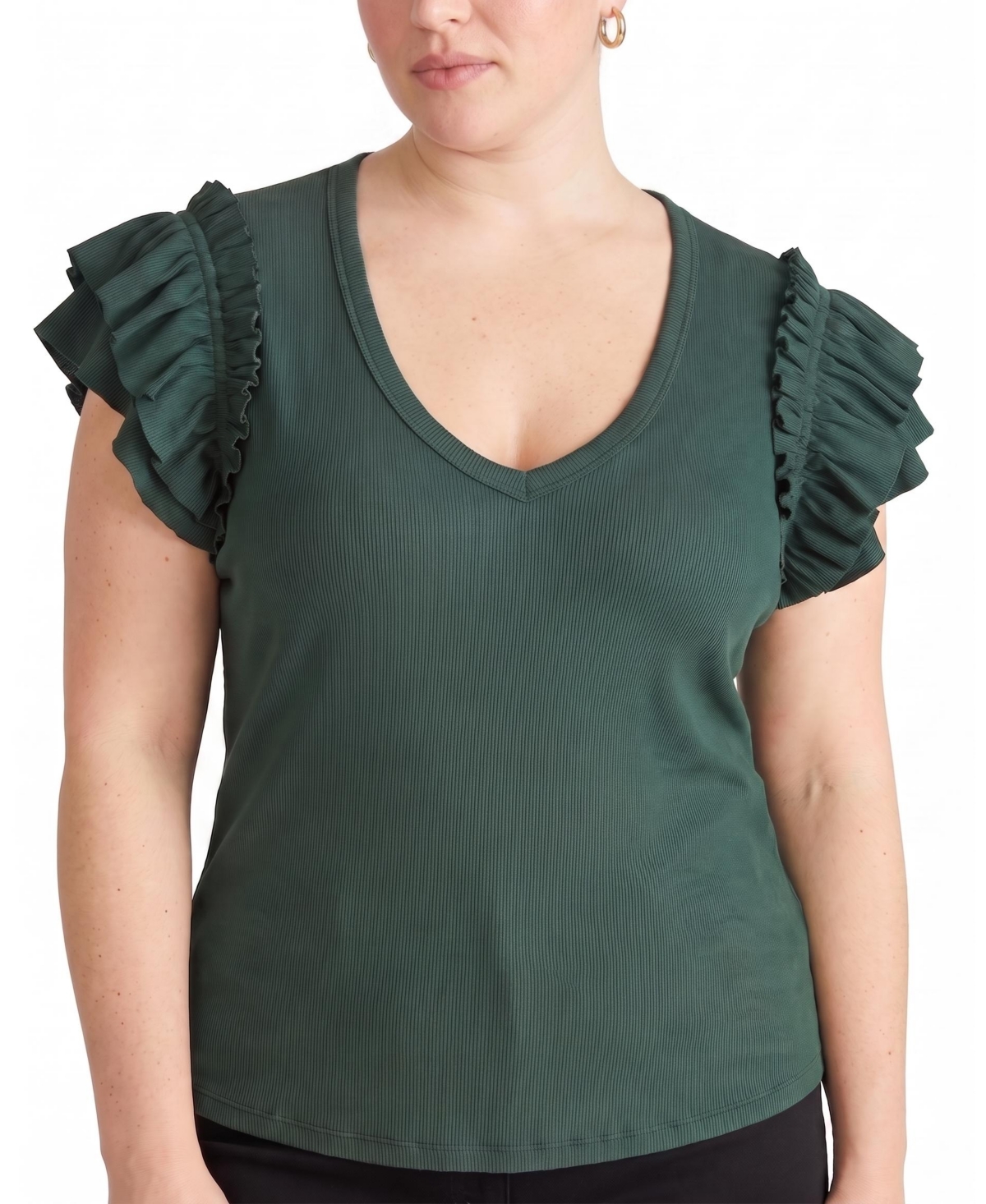 Universal Standard Plus Size Magnolia V-Neck Ribbed Ruffle Top - Conifer