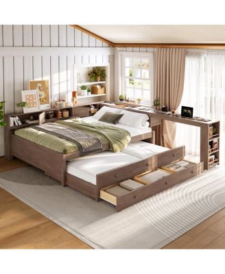 Wood Full Daybed with Trundle, Storage, Shelves and Desk