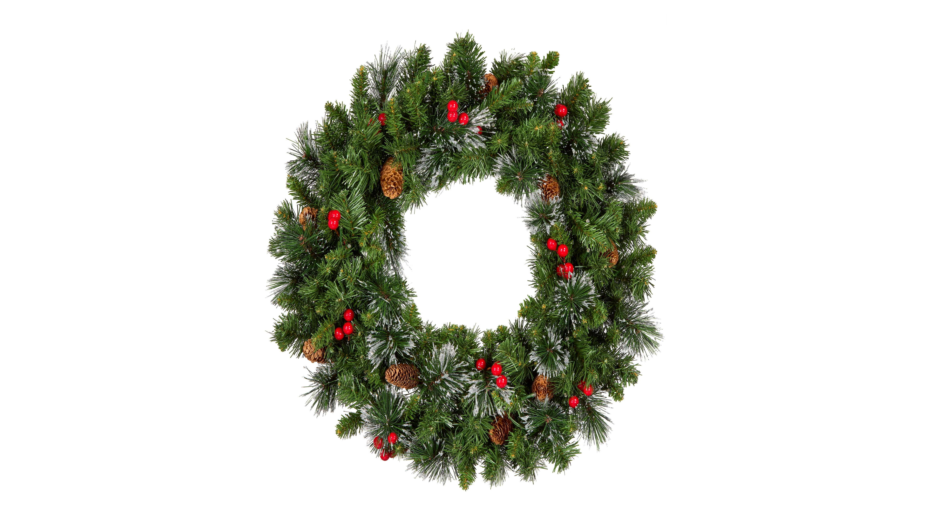 National Tree Company 24" Crestwood Spruce Wreath with Silver Bristle, Cones, Red Berries and Glitter with 50 Clear Lights
