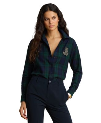 Women's Black Watch Plaid Relaxed-Fit Collared Shirt