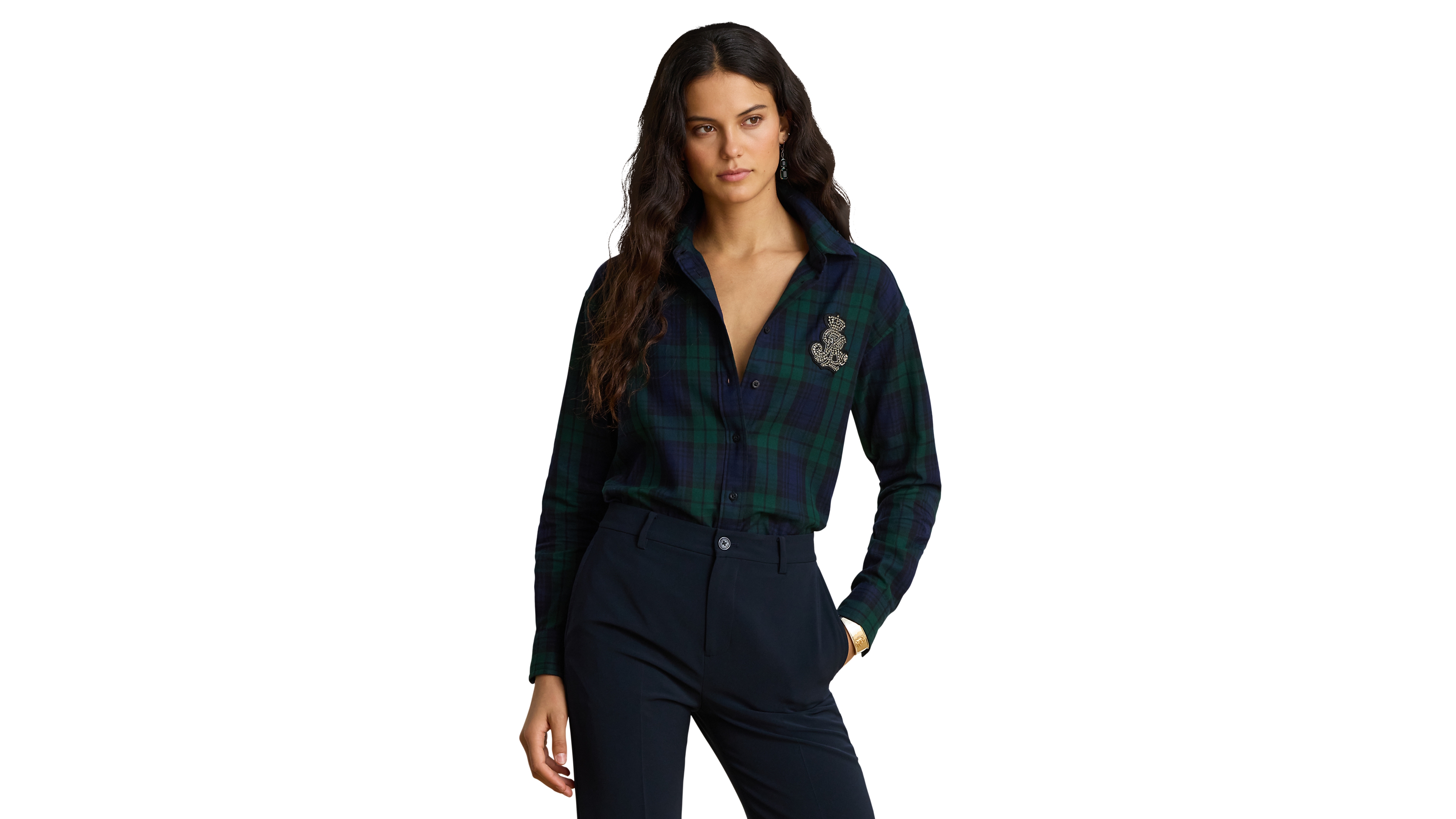 Lauren Ralph Women's Black Watch Plaid Relaxed-Fit Collared Shirt