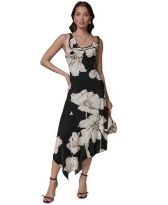 Women's Sleeveless Floral Cowl Neck Asymmetrical Midi Dress