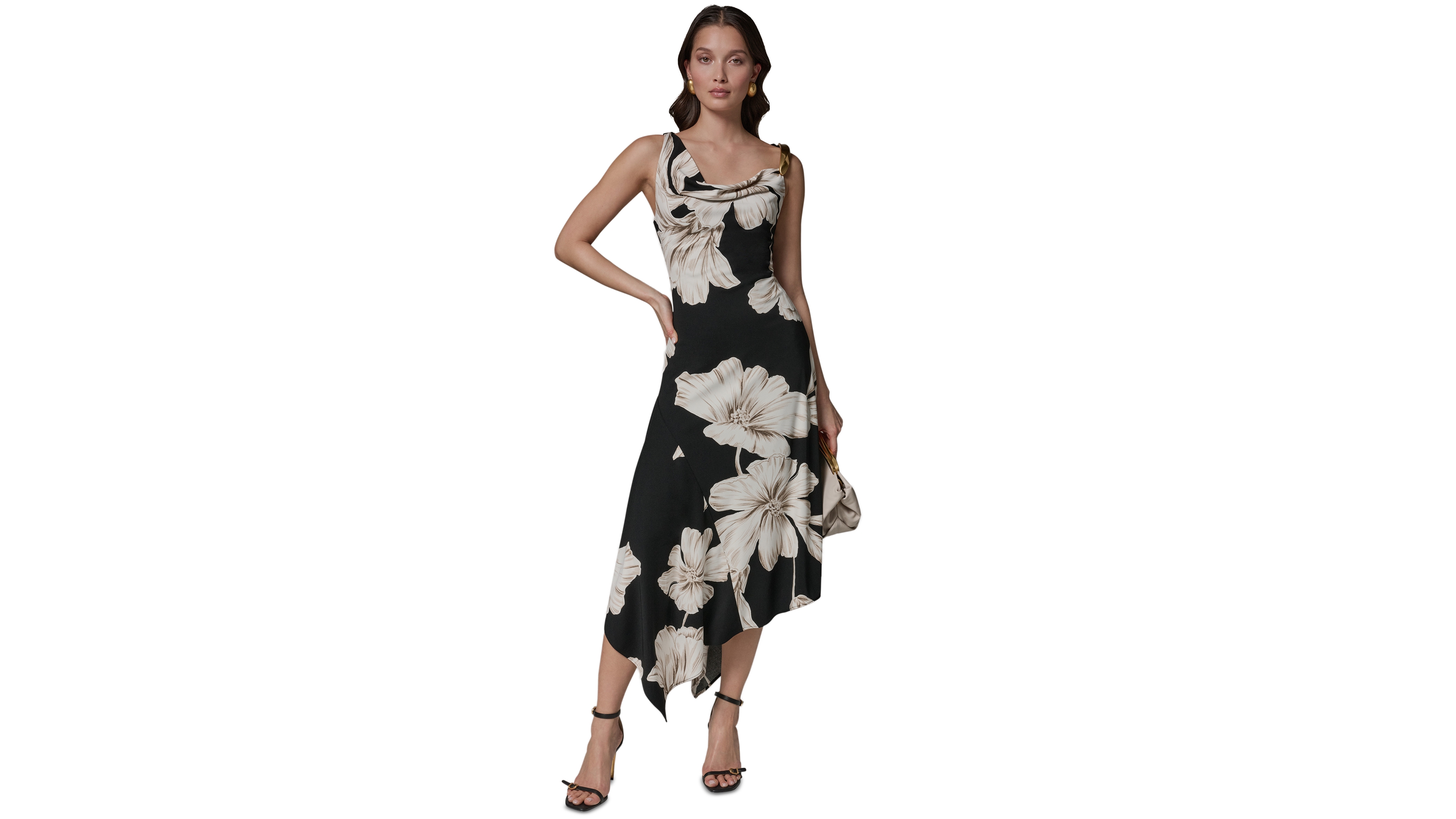 Donna Karan New York Women's Sleeveless Floral Cowl Neck Asymmetrical Midi Dress