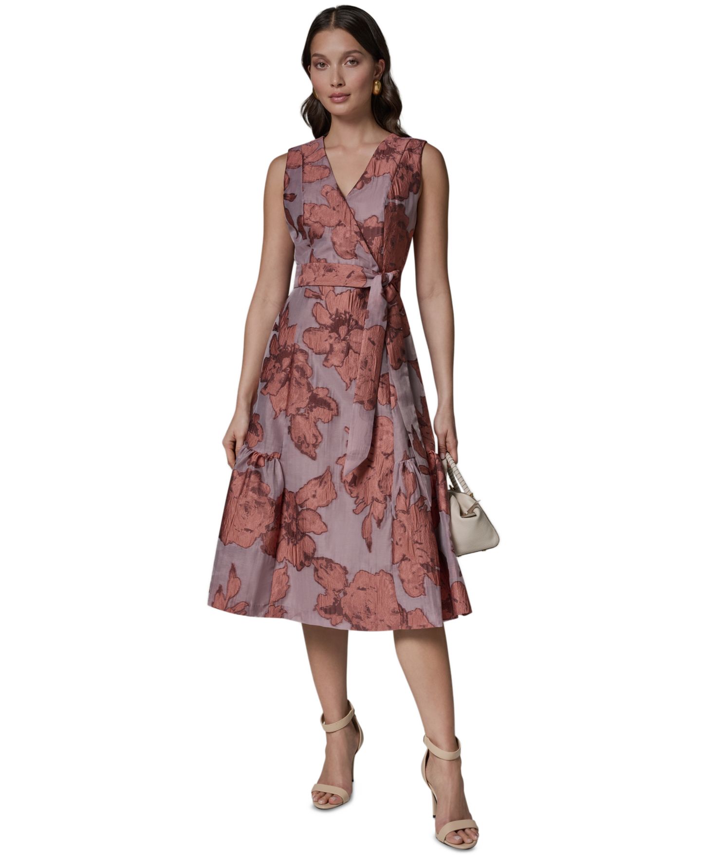 Женское платье Donna Karan New York Sleeveless Jacquard Faux Wrap V-Neck Floral Midi A-Line, цвет: Пустынный глиняный — фото 1
