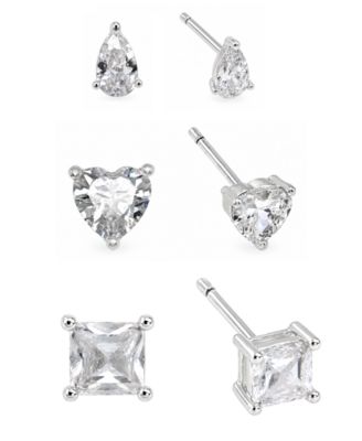 3pc Set Cubic Zirconia Stud Earrings Silver Plated