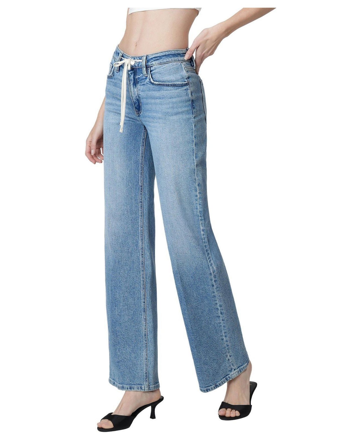 Женские джинсы Flying Monkey High-Rise Wide-Leg Drawstring Waist Tie, цвет: Синий — фото 4