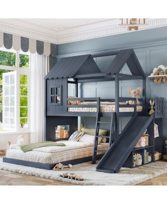 Twin Full House Bunk Bed with Slide, Wardrobe, and Storage Shelves