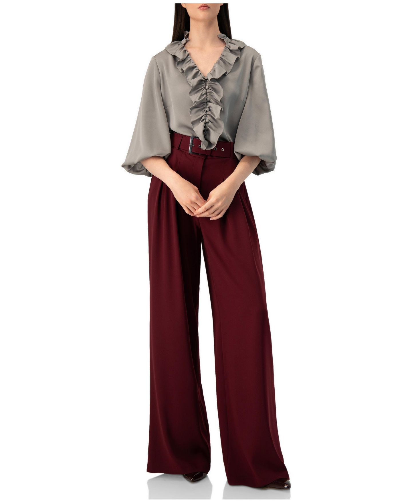 Женские брюки Ivonne High-Waisted Wide-Leg Pleated, цвет: Винный — фото 3
