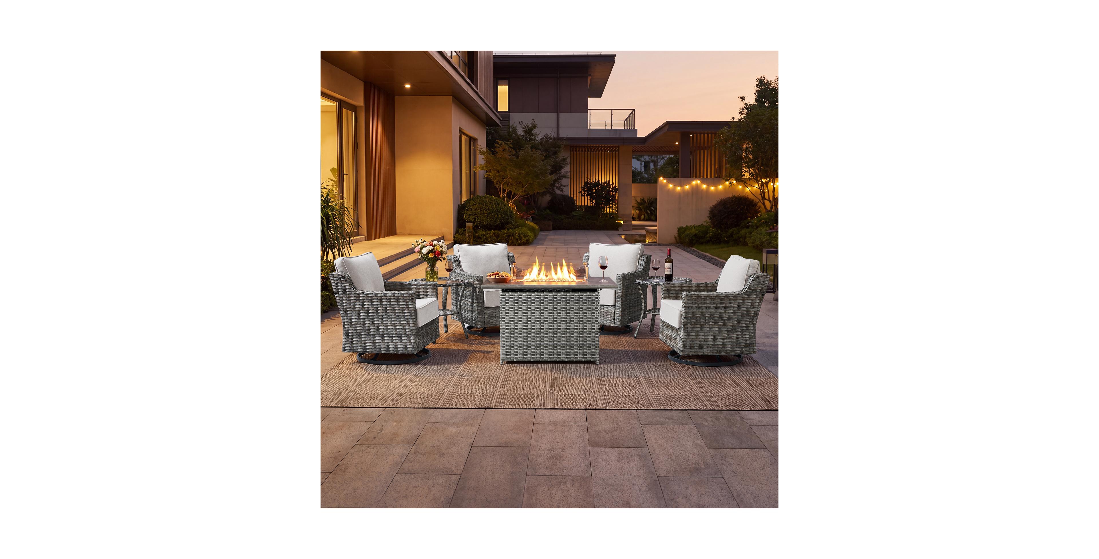 Pocassy Horiz 7-Piece Patio Conversation Set with 50,000 Btu Fire Pit Table, 4 Swivel Rocking Chairs and 2 Side Tables, All-Weather Pe Rattan